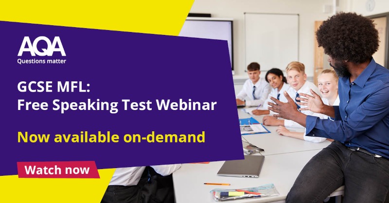 AQA's tweet photo. We’ve designed our speaking test with your learners in mind. Discover how at our free webinar – now available on-demand, at a time that suits you. Watch today to learn more about the new AQA GCSE Paper 2 Speaking test for first assessment in 2026. #MFL #MFLTwitterati #ISMLA #ALL