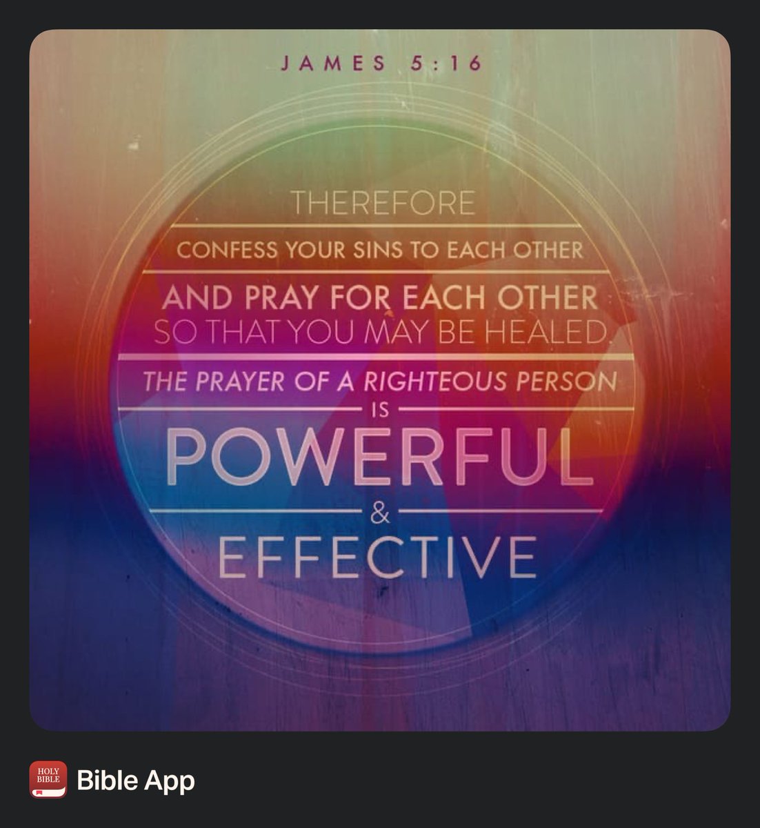 Prayer is powerful, especially when you do it with friends and family. Confessing wrongdoing, forgiving, and lifting each other up is the right thing to do. Let’s pray for each other and allow God’s Spirit to heal &amp; bless others. Have an amazing Thursday! bible.com/bible/1713/jas…