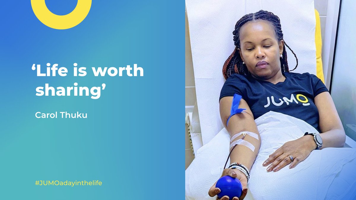 JUMO_WORLD's tweet photo. 🩸The fear of donating blood is easily overshadowed by the joy of giving and helping others. At JUMO, we encourage our people to take time off to volunteer for a cause. Assistant Program Manager Carol uses this time to donate blood through the @damu_sasa project. #ADayInTheLife https://t.co/XxBh2HltW7