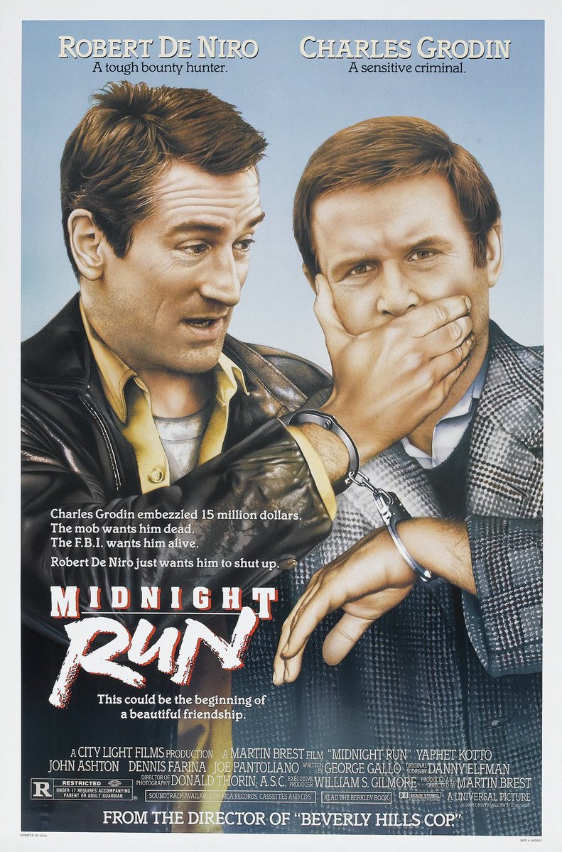 #TodayInMovieHistory (July 20):
Midnight Run (1988).
35th Anniversary!
Do you think it's one of the best buddy comedies?
An accountant is chased by bounty hunters, the F.B.I., and the Mafia after jumping bail.
#RobertDeNiro #CharlesGrodin <a href="/RealJoeyPants1/">@JoePantoliano @RealJoeyPants</a>.