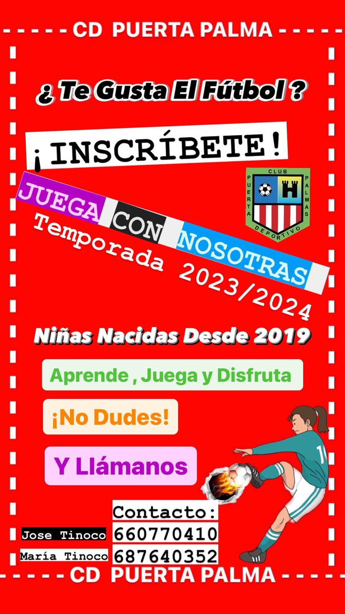 Chicas nacidas a partir de 2019, no te quedes sin jugar al deporte rey inscríbete al <a href="/cdpuertapalmas/">cdpuertapalmas</a> femenino. 
Te estamos esperando.
APRENDE, JUEGA Y DISFRUTA