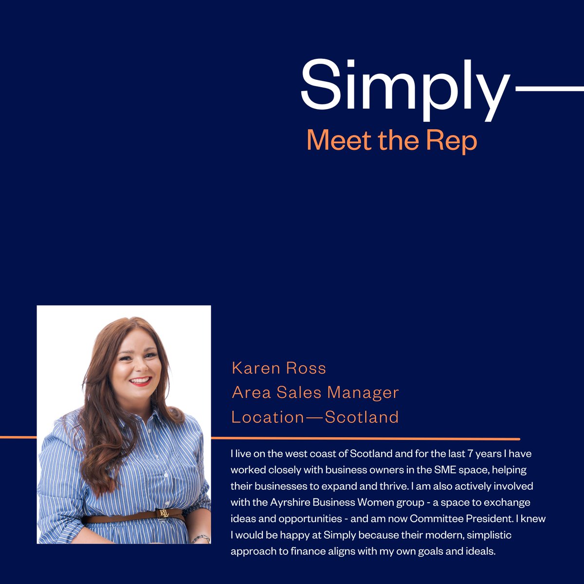 We’re pleased to introduce one of our wonderful Scotland-based reps, Karen Ross.

Karen has been working with SMEs for 7+ years and loves the relationship-building aspect of her role.

Find your local sales rep here: simply.finance/map/

#assetfinance #sales