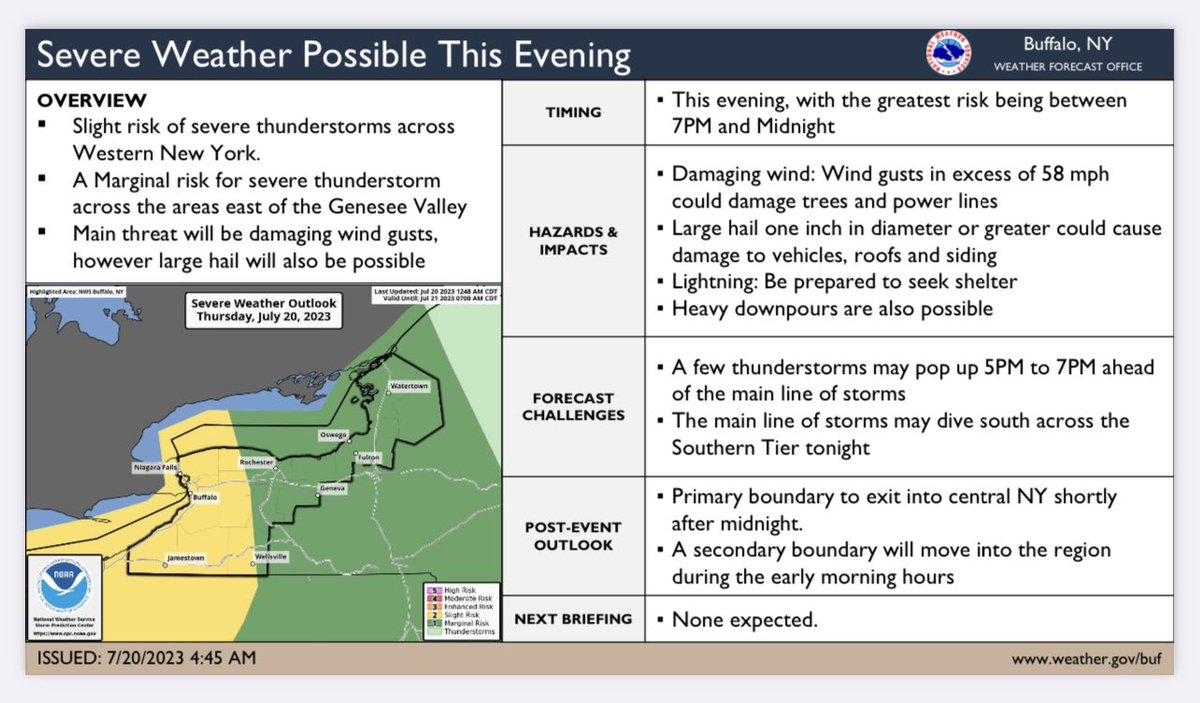 EmergencyTips4U's tweet image. @NWSBUFFALO  graphics show where severe weather could be seen this afternoon and through the overnight. Wind will be the main threat however damaging hail and heavy downpours are possible. For reference, it has been a while since WNY has seen “yellow” weather. #stayweatherready