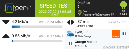 Ari33260's tweet image. ↓4204 kb/s ↑551 kb/s, ⇄ 37 ms / mobile:Orange Mobile / #OnePlus6 / #nPerf v2.14.7 /
Bk de Bron ... En 700MHz