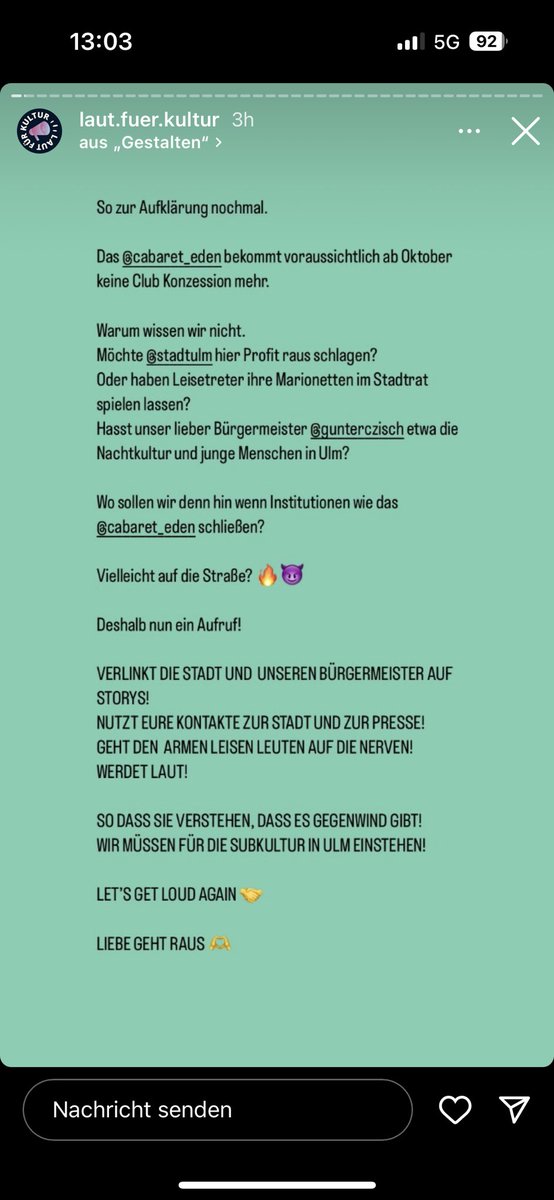 Das wäre für die Ulmer (Nacht-)Kultur ein furchtbarer Verlust. 😭🤯
<a href="/SWPde/">SÜDWEST PRESSE</a> <a href="/ulm_donau/">Stadt Ulm</a> (Screenshots vom Insta-Account „laut für Kultur“)