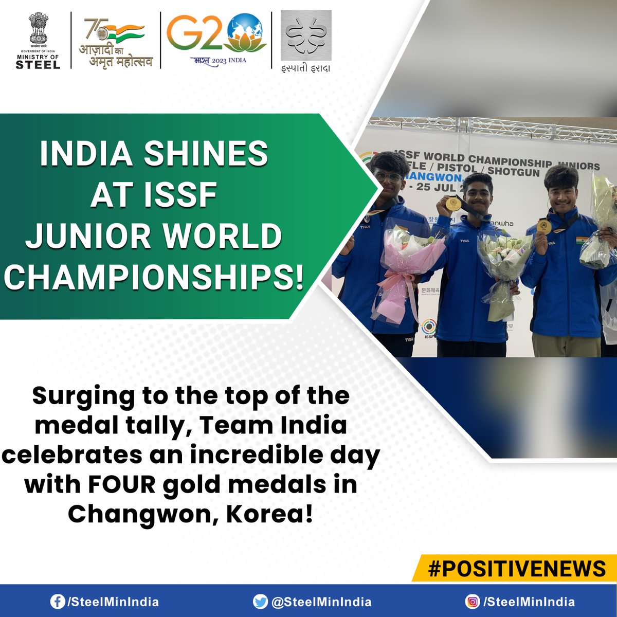 SteelMinIndia's tweet photo. An exceptional moment at the #ISSF Junior World Championships as #ParthMane, #AbhinavShaw, &amp; #DhanushSrikanth delivered an outstanding performance in the men's 10m Air Rifle team event, securing gold!🇮🇳🏅

#PositiveNews #GoldMedalGlory https://t.co/rs3zfkihBo