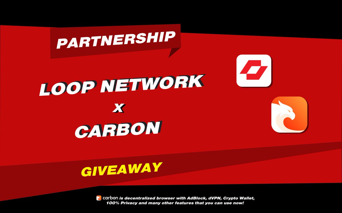 LoopNetwork3's tweet image. We are pleased to announcement partner with @trycarbonio

Carbon is a decentralized browser with AdBlock, dVPN, Crypto Wallet and many other features which is 100% Privacy 

To celebrate #Giveaway $500 USDT for 5 winners

1️⃣ Follow 
@trycarbonio
 and 
@loopnetwork3

2️⃣ ❤️&amp;amp;RT
3️⃣