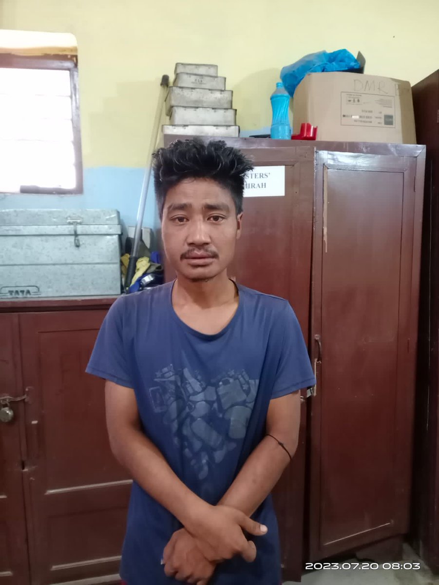 ANI's tweet photo. Manipur | The main culprit who was wearing a green t-shirt and seen holding the woman was arrested today morning in an operation after proper identification. His name is Huirem Herodas Meitei (32 years) of Pechi Awang Leikai: Govt Sources

(Pic 1: Screengrab from viral video, Pic 2: Suspect in custody)