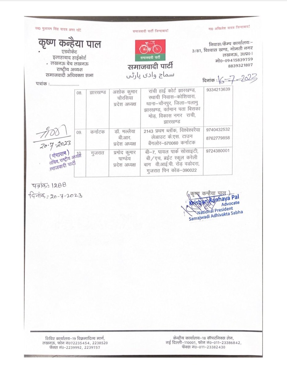 माननीय राष्ट्रीय अध्यक्ष श्री अखिलेश यादव जी की स्वीकृति से समाजवादी अधिवक्ता सभा की राष्ट्रीय कार्यकारिणी के निम्नलिखित पदाधिकारी घोषित किए जाते है।