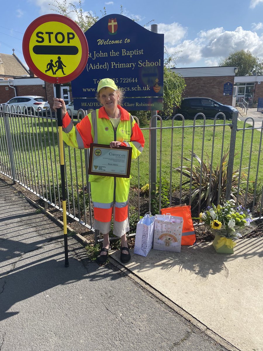 rso_natascha's tweet photo. This morning I had the privilege to attend a special assembly at St John the Baptist Primary School. We celebrated and thanked Rosie for her incredible 17 years of service as the school’s crossing patrol. Thank you and enjoy your retirement 🍾 https://t.co/IYlEeXvPk6