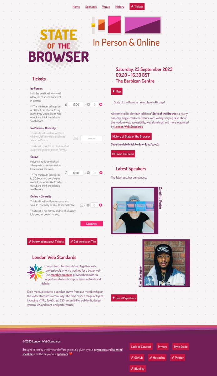 glyphe's tweet photo. Before/After: What a hot redesign for #sotb23 @webstandards session this was!

🔥 Content restructured
🔥 Design aligned towards a rounded aesthetic
🔥 More white space around elements
🔥 Typefaces are more balanced, easier to read body text
🔥 Speakers &amp; Talks stand out more https://t.co/fx8d8EUee6