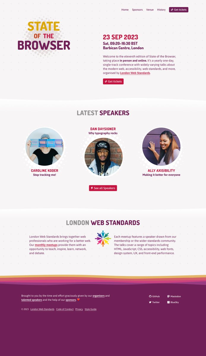Before/After: What a hot redesign for #sotb23 @webstandards session this was!

🔥 Content restructured
🔥 Design aligned towards a rounded aesthetic
🔥 More white space around elements
🔥 Typefaces are more balanced, easier to read body text
🔥 Speakers & Talks stand out more