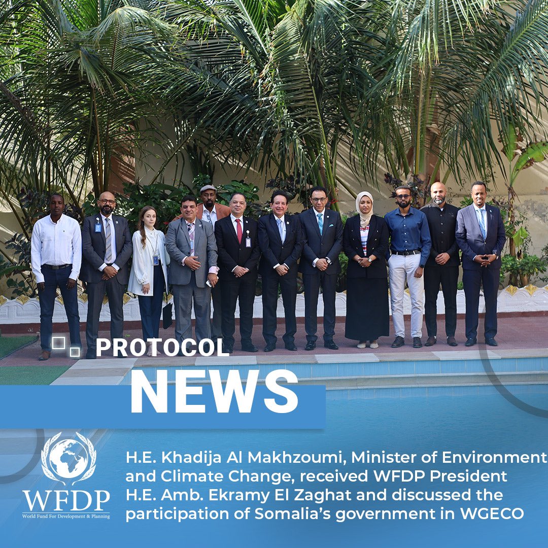 H.E. <a href="/KhadijaMakhzumi/">Khadija Mohamed Al-Makhzoumi</a> , Minister of Ministry Of Environment &amp; Climate Change - Somalia <a href="/MoECC_Somalia/">Ministry of Environment & Climate Change 🇸🇴</a> , received <a href="/WFDP_IGO/">WFDP</a> President, H.E. Amb. <a href="/Ekramy_Elzaghat/">Ekramy El Zaghat</a> , and discussed the participation of Somalia’s government in WGECO, which is seeking to promote the #SDG13