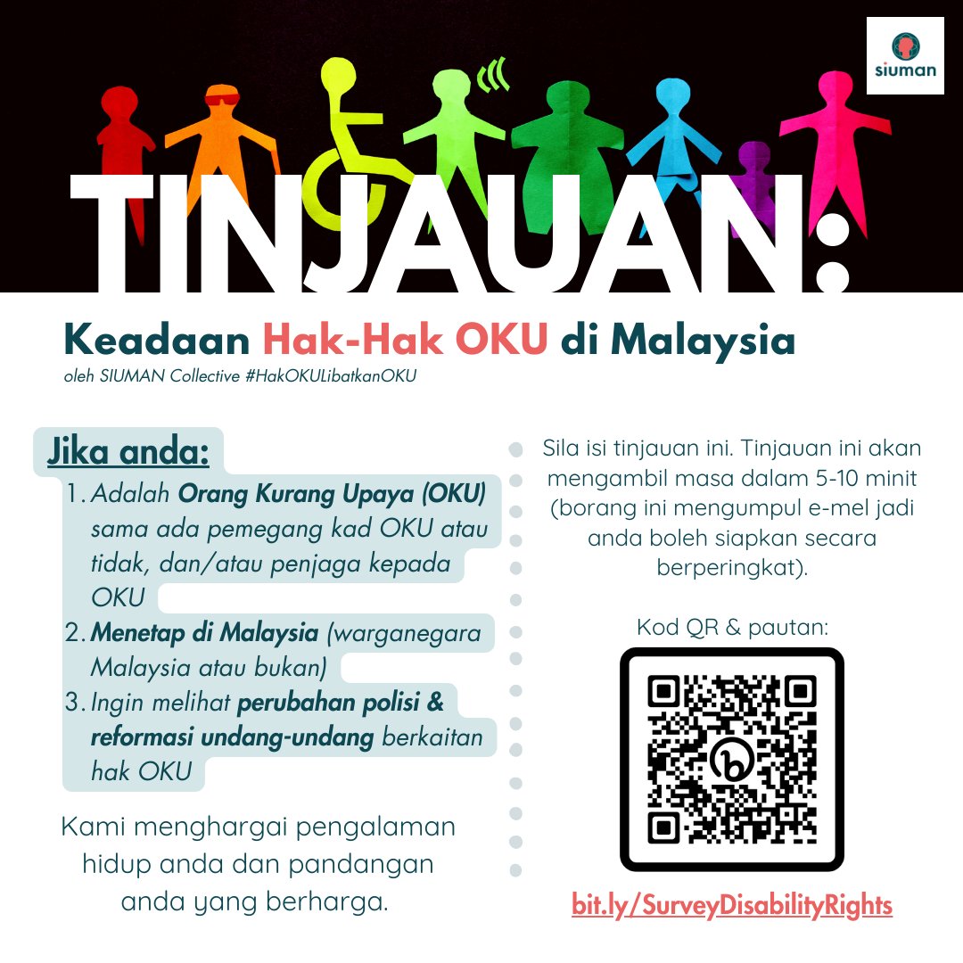 So, <a href="/KamiSIUMAN/">SIUMAN ♿🧠 | No Justice Without Access to Justice</a> is running a survey on disability rights in Malaysia.

If you're an OKU, with or without an OKU card, or a parent OR caregiver/partner for a disabled person, please participate. 

RTs appreciated. Thank you.