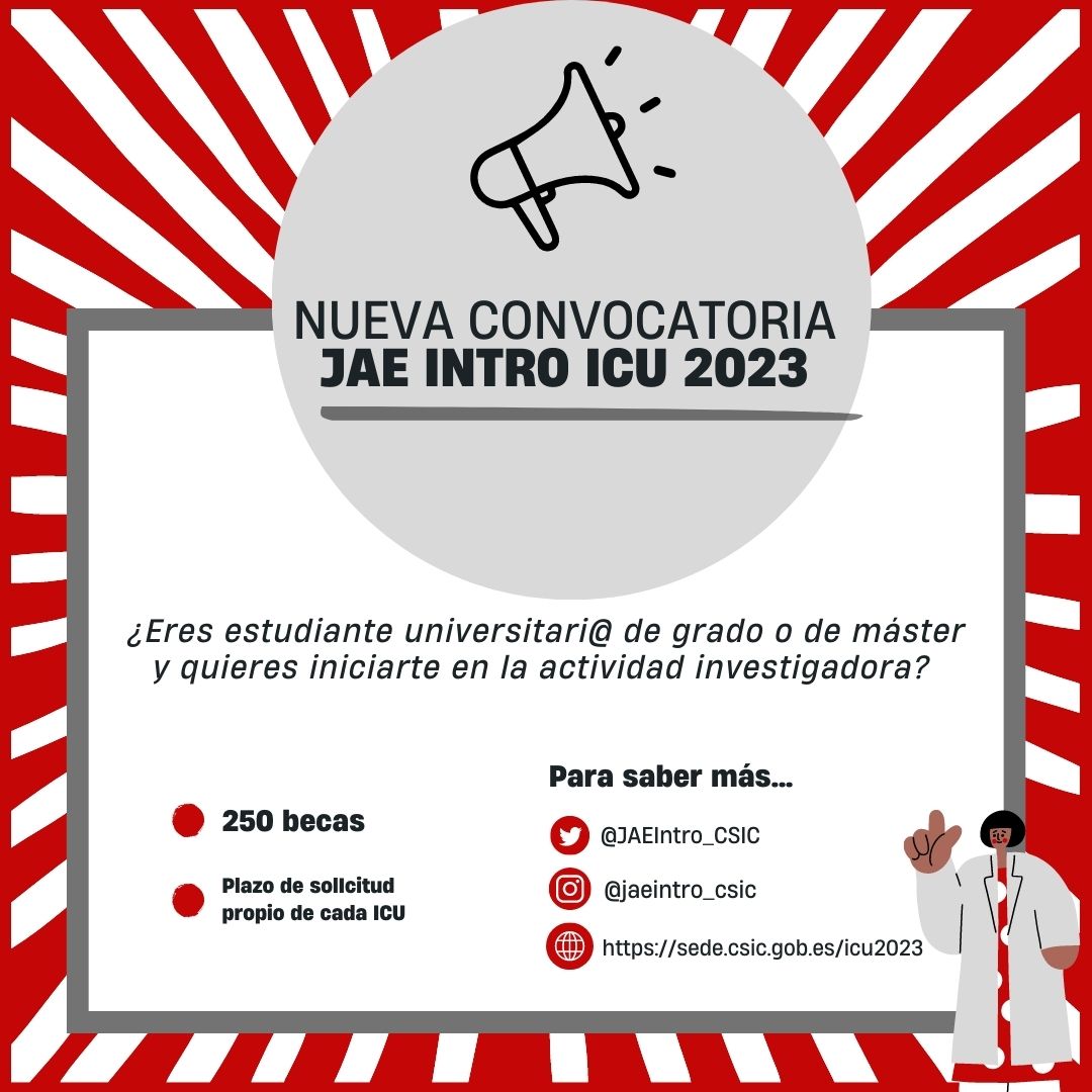 DPE_CSIC's tweet photo. 📬 Abierta la convocatoria de 250 becas #JAEIntroICU2023 para iniciarse en la actividad investigadora.

🌐 Para saber cómo solicitar y conocer requisitos, fechas y planes de formación ofertados por cada ICU consulta 👉 https://t.co/S7yMkPKef9

ℹ️ Más información en @JAEIntro_CSIC https://t.co/1EHkxD9iOi