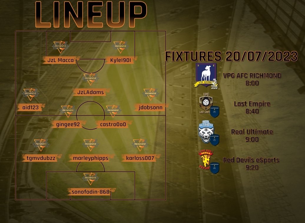 Prominent New (@prominentnew) on Twitter photo Tonight line up
With a few changes we are looking to bounce back from Tuesday night performance, let's get up for tonight lads and push on
Teamsheet/Fixtures below
<a href="/OfficialVPG/">Virtual Pro Gaming</a> Tonight line up
With a few changes we are looking to bounce back from Tuesday night performance, let's get up for tonight lads and push on
Teamsheet/Fixtures below
<a href="/OfficialVPG/">Virtual Pro Gaming</a>