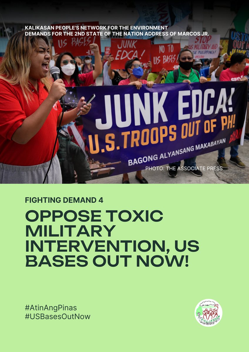 With the upcoming second SONA of Marcos Jr., Kalikasan PNE joins the Filipino people in pushing for accountability and genuine, pro-people, pro-planet action from the administration. DEMAND 4 Oppose toxic military intervention, US bases out now!