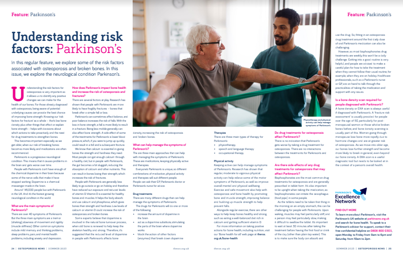 Thank you <a href="/RoyalOsteoSoc/">Royal Osteoporosis Society</a> for working with us on raising the important issue. Ppl with #Parkinson's are more than 2x as likely to have osteoporosis &amp; fractures than those without P. See here for more info and what to do: parkinsons.org.uk/information-an… <a href="/ParkinsonsEN/">Parkinson's UK Excellence Network</a> <a href="/ParkinsonsENEx/">ParkinsonsENEx</a>