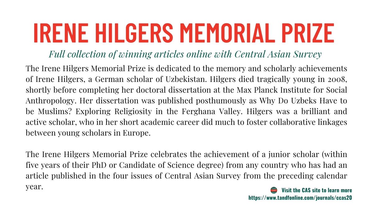 Wolayat Tabasum Niroo's paper, 'Songs of war and despair: two Afghan/Uzbek women’s life history and lament' is the latest recipient of the Irene Hilgers Memorial Prize Find out more about the prize, and view the full collection of winning articles here: tandfonline.com/journals/ccas2…