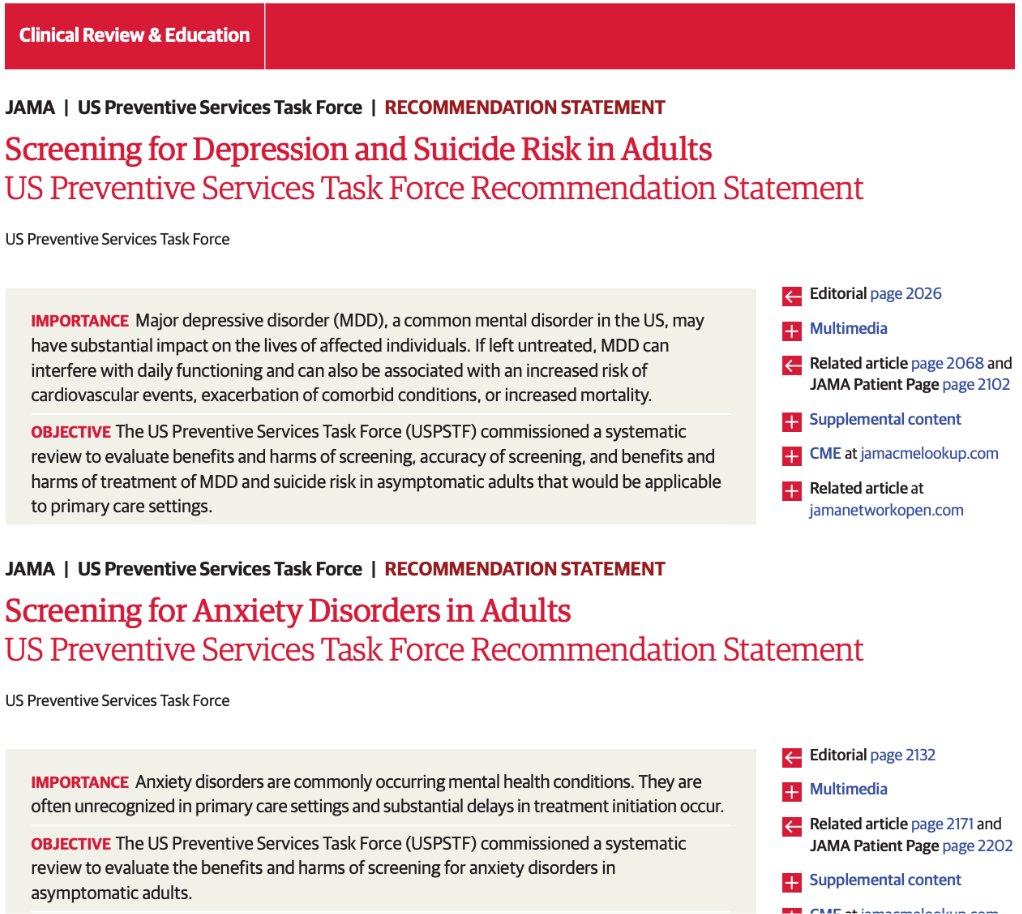 1/New USPSTF recommendations for screening for major depressive and anxiety disorders. Welcome to our weekly #OMTweetorial. #MedTwitter #MedEd #EBM #JournalClub #MDD #GAD #Screening #PreventiveMedicine