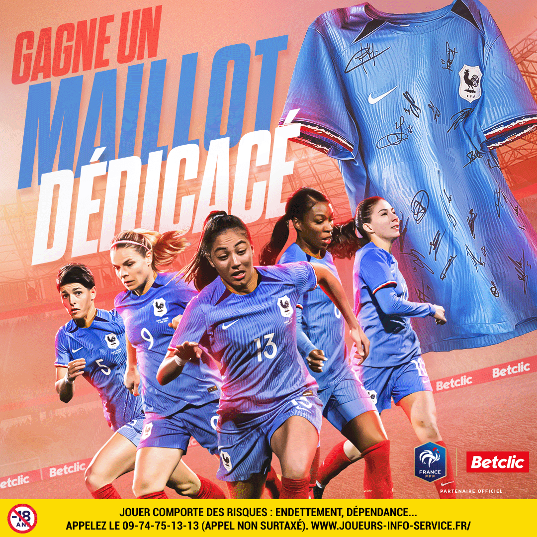 Betclic's tweet image. 🇫🇷🎁 GAGNE TON MAILLOT DÉDICACÉ DES BLEUES !!! 

Pour fêter le début de la #WWC23 avec @equipedefranceF on vous fait gagner 1 maillot dédicacé et 10 maillots (coupe femme &amp;amp; homme) 🔥

🔁 RT + #TousEnsemBleues en réponse pour participer

⚠️ TAS le 24/07