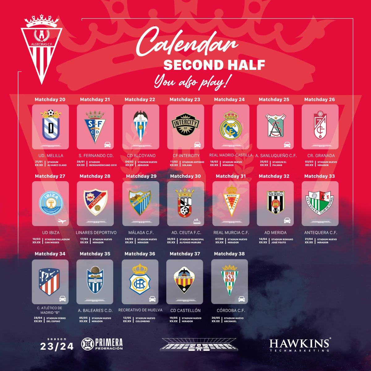 Algecirascf_ENG's tweet photo. 🔴⚪️Meet our 2nd HALF.

🚘We finish the season in "El Ancárgel" @CordobaCF_ofi 

#thisisacf #madetowin #wearegrowingtogether https://t.co/OyXuoBLHPS