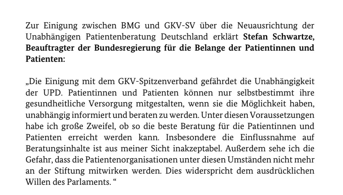 Der Patientenbeauftragte der Bundesregierung @s_schwartze übt scharfe Kritik an der Einigung zwischen @BMG_Bund und @GKV_SV. Diese gefährde die Unabhängigkeit der @UPD_Beratung und widerspreche ausdrücklich dem Willen des Parlaments. 💥