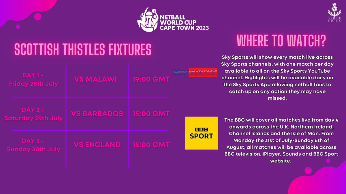 NetballScotland's tweet image. The Netball World Cup is only 8 days away and our Scottish Thistles are ready to go🏴󠁧󠁢󠁳󠁣󠁴󠁿

Get to know how the competition works, who we are up against and where to watch your Thistles on the world stage ⬇️

#NWC2023 #ThePowerOfScotland #RoadToCapeTown #ScottishThistles