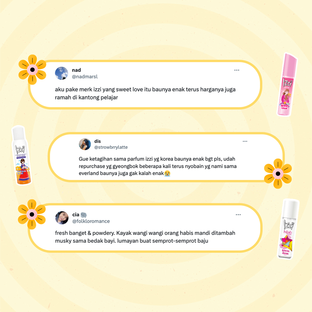 Apa kata Mizzi di twitter tentang Parfum IZZI?🤔

Nih, Minzzi spill review-review dari warga Twitter yang katanya parfum IZZI wanginya manis dan sesuai sama kantong pelajar 🫶✨

#IZZIParfum #Loveable #Saranghae #IZZItobeLoveable