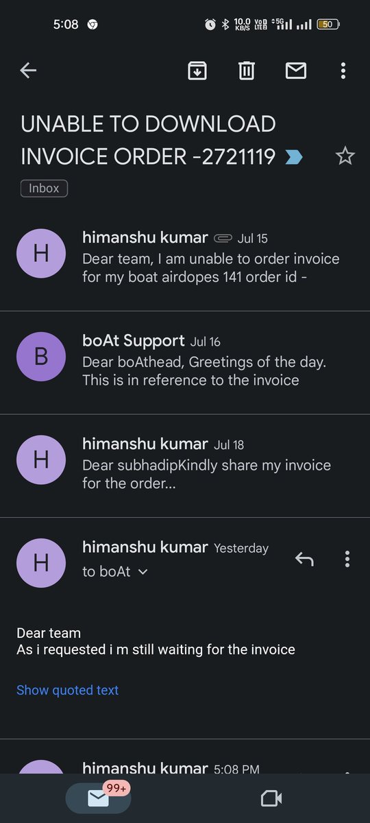 reach_kumar07's tweet photo. @RockWithboAt @amangupta0303 i have ordered a airdopes 141 from boat site but unable to download invoice of same order id 2721119
I mailed also its been 3 days no revert recieved https://t.co/VuSLeWCwN1