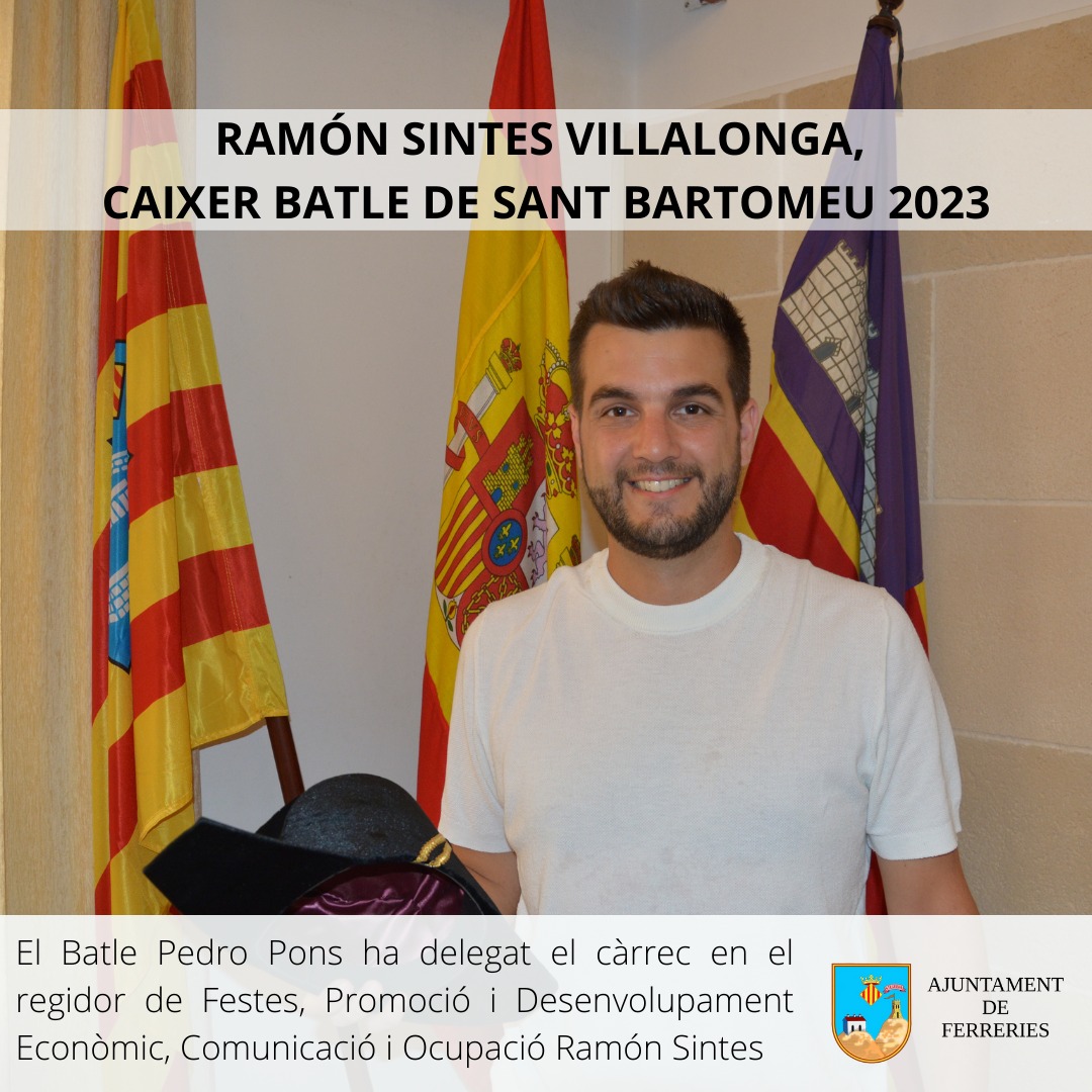 🐴Ramón Sintes Villalonga (Ferreries, 1991), elegit Caixer Batle per les festes de Sant Bartomeu 2023

🔗ajferreries.org/Contingut.aspx…