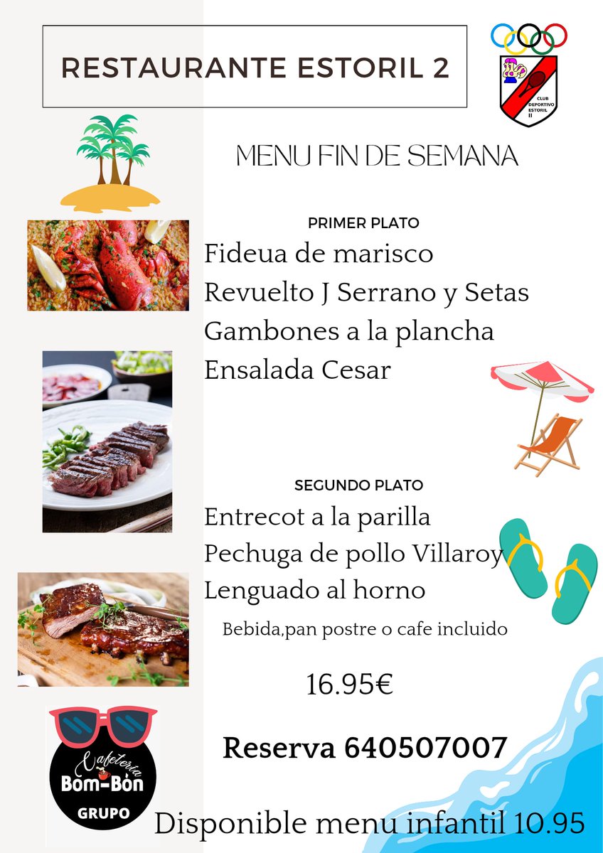 ClubDepEstoril2's tweet photo. Os presentamos el menú del fin de semana de nuestro restaurante. 👩‍���� ¡Buen provecho! 😋👩‍🍳 https://t.co/ps6Gsi0MtX