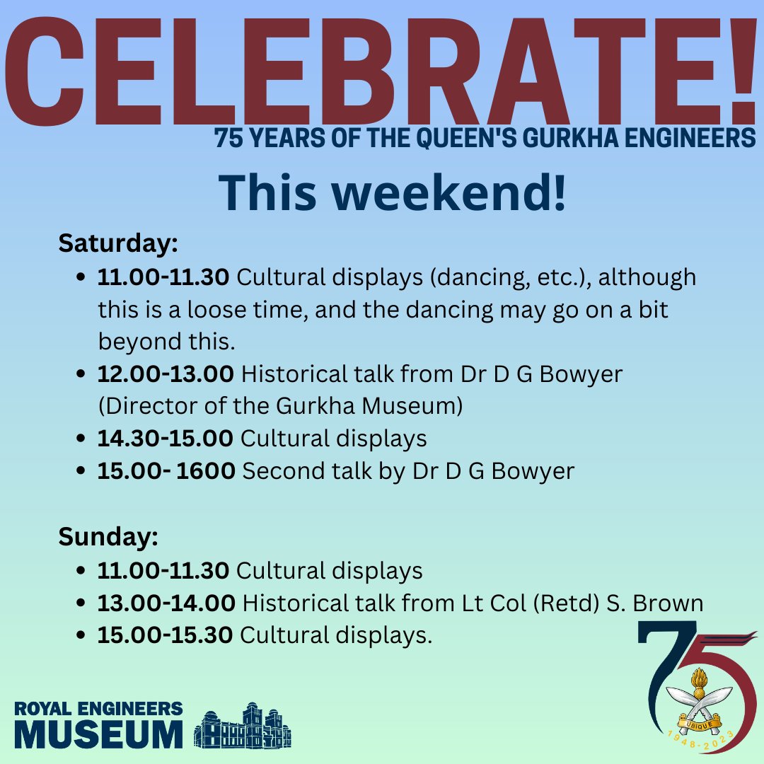 This weekend (the 22nd and 23rd of July) join us to celebrate the history and culture of the Queen's Gurkha Engineers. Plan your visit now at re-museum.co.uk. 

#REMuseum #Gurkha #QueensGurkhaEngineers #QGE #Nepaleseculuture
