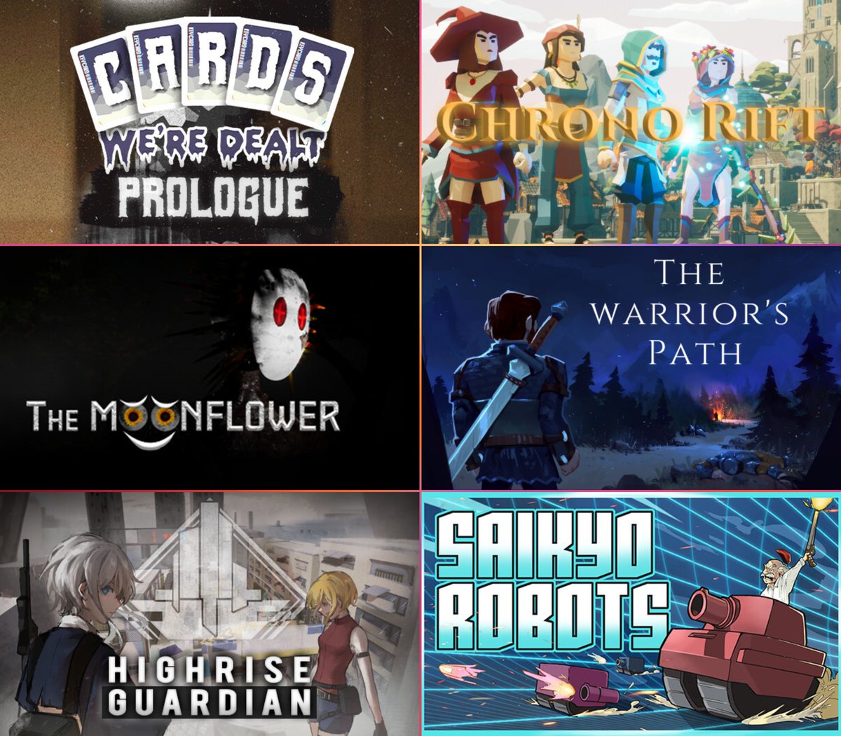 🏖️ JUL 20 NEW FREE GAMES ON STEAM 🏖️

1⃣Cards Were Dealt
store.steampowered.com/app/2473150/Ca…
2⃣Chrono Rift
store.steampowered.com/app/2303910/Ch…
3⃣Moonflower
store.steampowered.com/app/2306580/Th…
4⃣Warrior's Path
store.steampowered.com/app/1961020/Th…
5⃣Highrise Guardian
store.steampowered.com/app/2376690/Hi…
6⃣Saikyo Robots
store.steampowered.com/app/2379530/Sa…