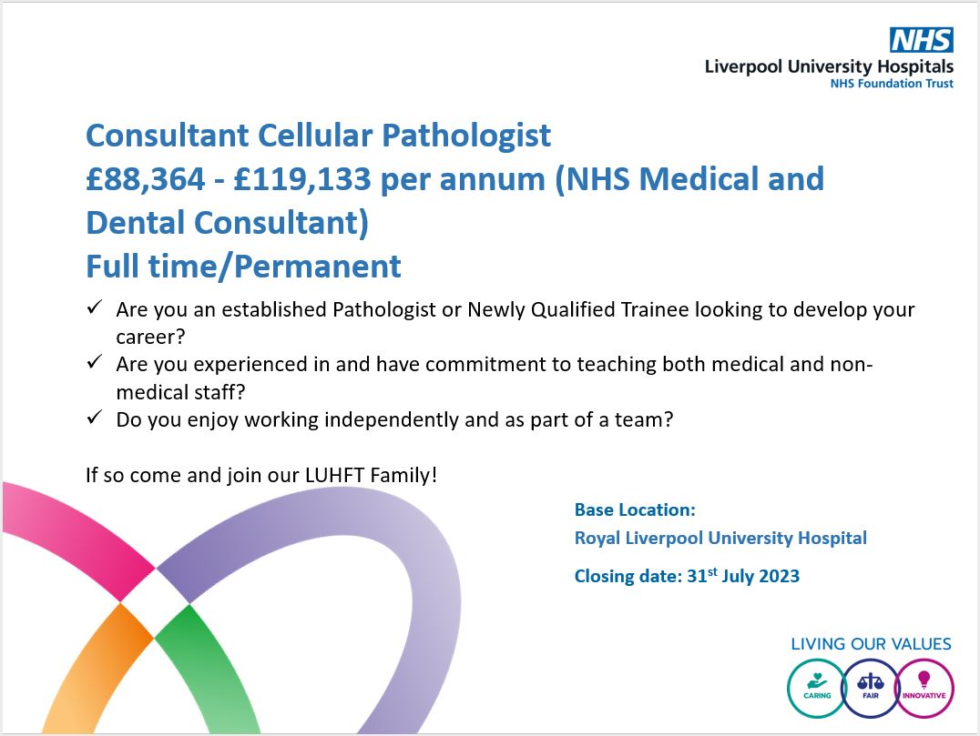 There is an exciting opportunity for a specialised histopathology consultant position at Liverpool Clinical Laboratories - part of Liverpool University Hospitals Foundation Trust.

If you are interested, follow the link below and apply now!

tinyurl.com/bs9d5va8

#TeamLUHFT