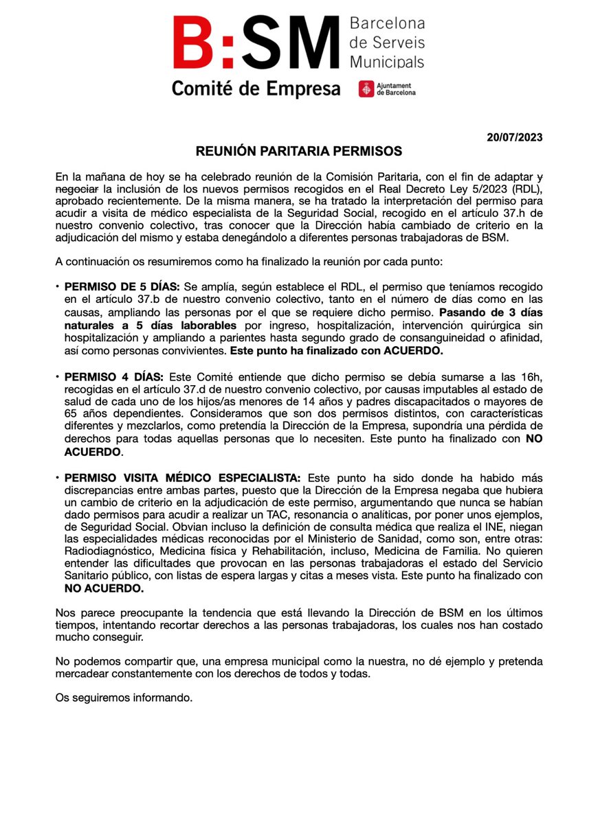Información de la reunión de Comisión Paritaria, mantenida hoy con RRHH para tratar la inclusión de nuevos permisos retribuidos, así como la interpretación del permiso para consulta médico especialista