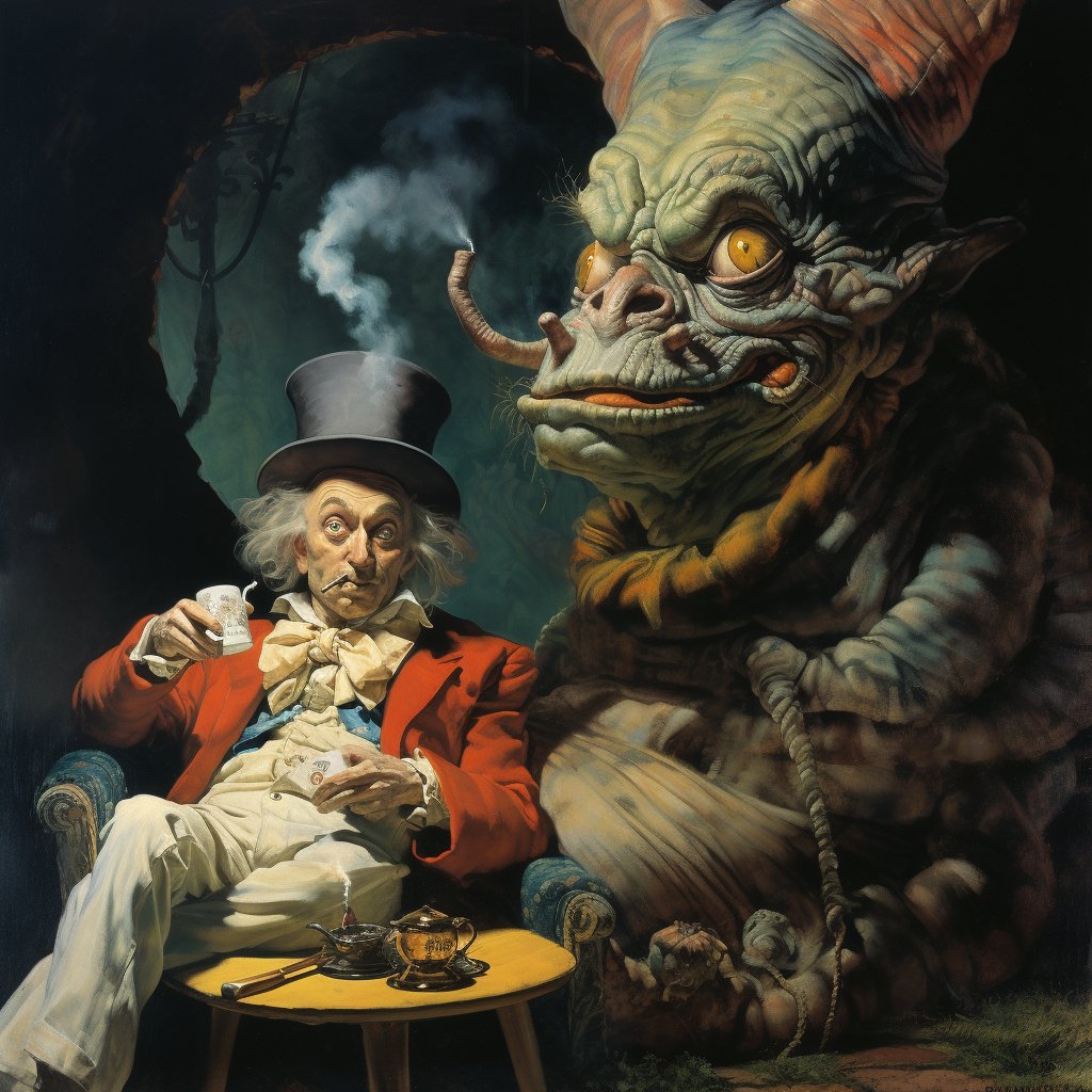 blind_imagery's tweet photo. GM! Continuing #WonderlandWeek with Caterpillar: In shadowy corners of Wonderland, they met the Mad Hatter. Their eyes gleamed with twisted wisdom as they exchanged cryptic words. A sage with a dubious agenda, dispensed advice that left the mind swirling in confusion. https://t.co/viF1cKyGcd