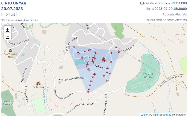 🚨 Aigües de #Mataró està treballant per reparar una avaria als carrers del Riu Ter, del Riu Llobregat i entorns, a la zona indicada en el mapa.  🚨
▶️ El tall, s'ha iniciat a les 13:33 h i està previst reparar-lo abans de les 15:30 h.
ℹ️ bit.ly/talls_aigua
<a href="/matarocat/">Ajuntament de Mataró</a>