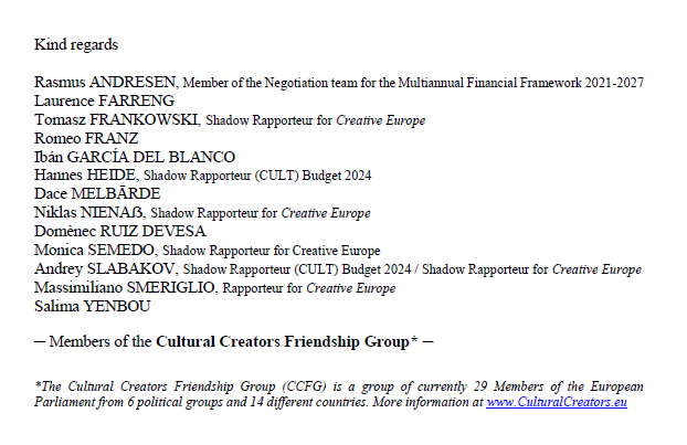 The 🇪🇺 Member States plan to cut the #CreativeEurope 2024 budget by 40 million €, compared to the already inadequate <a href="/EU_Commission/">European Commission</a> proposal.

📨 Our #CCFG just sent this letter to <a href="/EUCouncil/">EU Council</a> @eu2023es and the national governments, calling upon them to revise their approach. 👇
