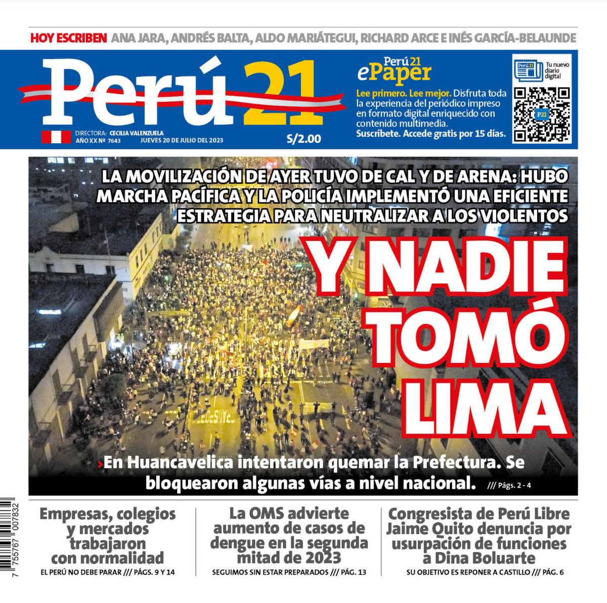 peru21noticias's tweet photo. ¡Buenos días! 🗞️
🚨 Y NADIE TOMÓ LIMA 
📌 Esta es nuestra portada impresa de hoy, 20 de julio de 2023
📌 No dejes de revisar la edición web de Perú21: https://t.co/M3KVsgP3H9 https://t.co/QMBiMqBC5k