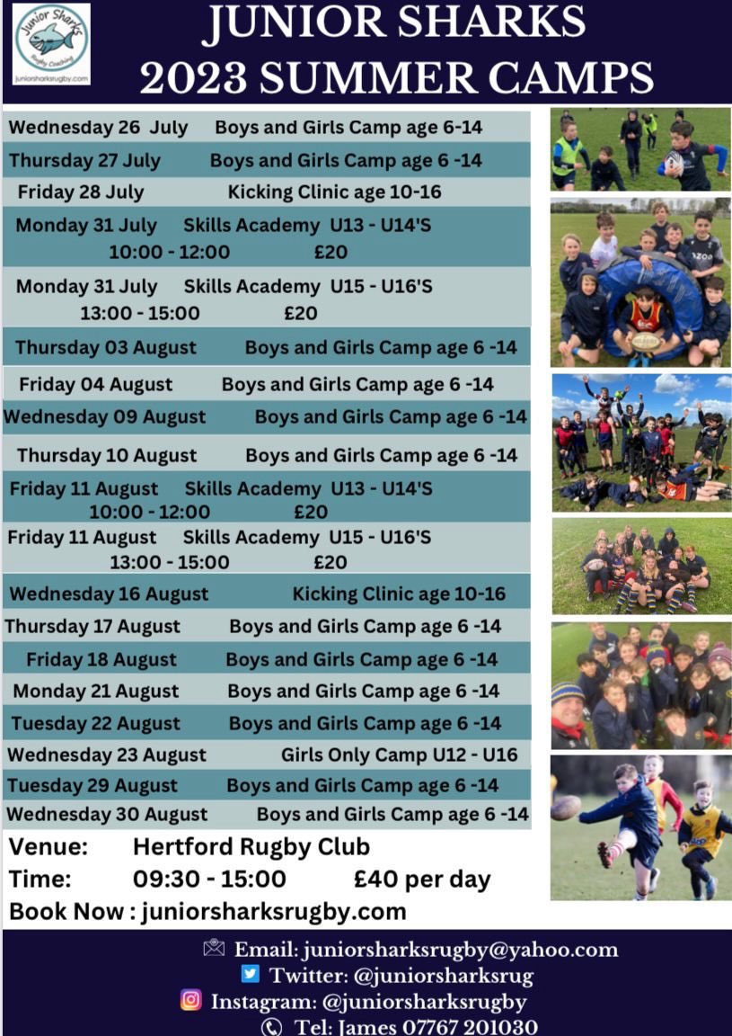 Summer rugby camp dates announced with <a href="/Juniorsharksrug/">Juniorsharksrugby</a> , lots of dates to choose from so don’t miss out and come along and join in the fun , we have dates for all ages and abilities 🏉🏉🏉 <a href="/hertsrugby/">Herts Rugby</a>