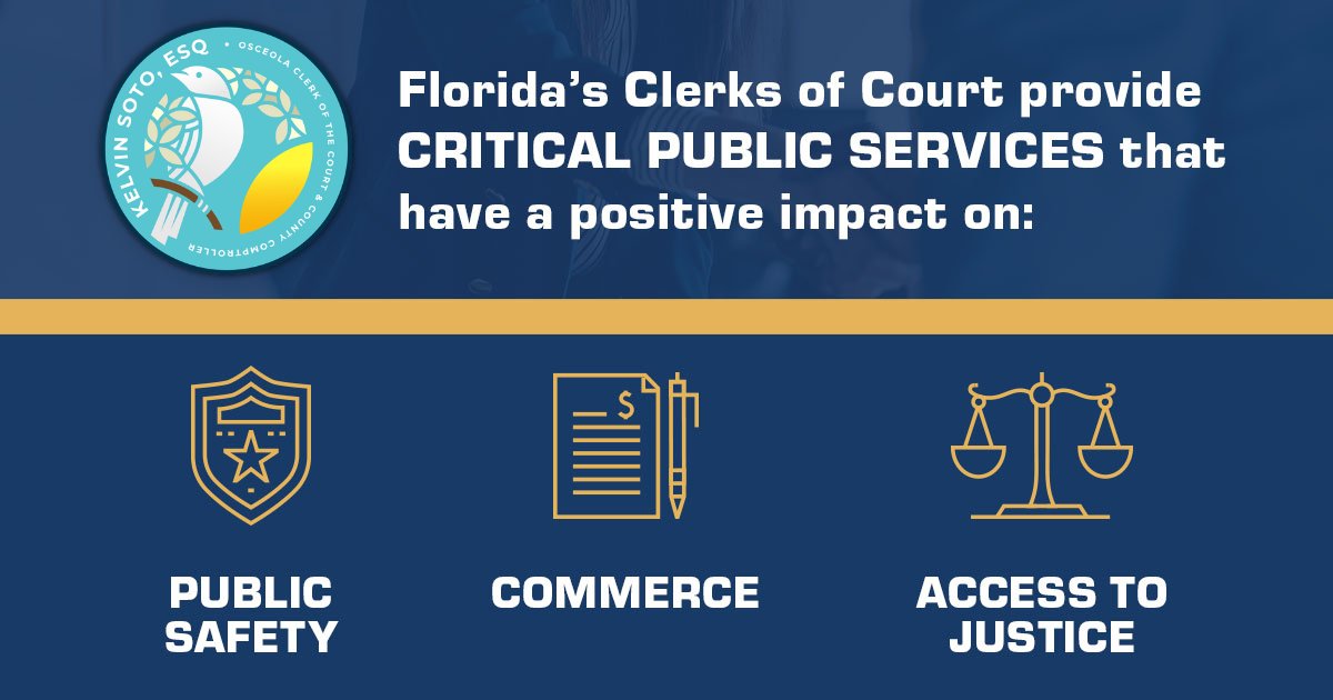 ClerkKelvinSoto's tweet image. Our office provides critical services that positively impact public safety, commerce, and access to justice. More than 90,000 people access services in person each year, and even more access our online services.
#FLClerks #ServeWithCare #HowCanWeHelp