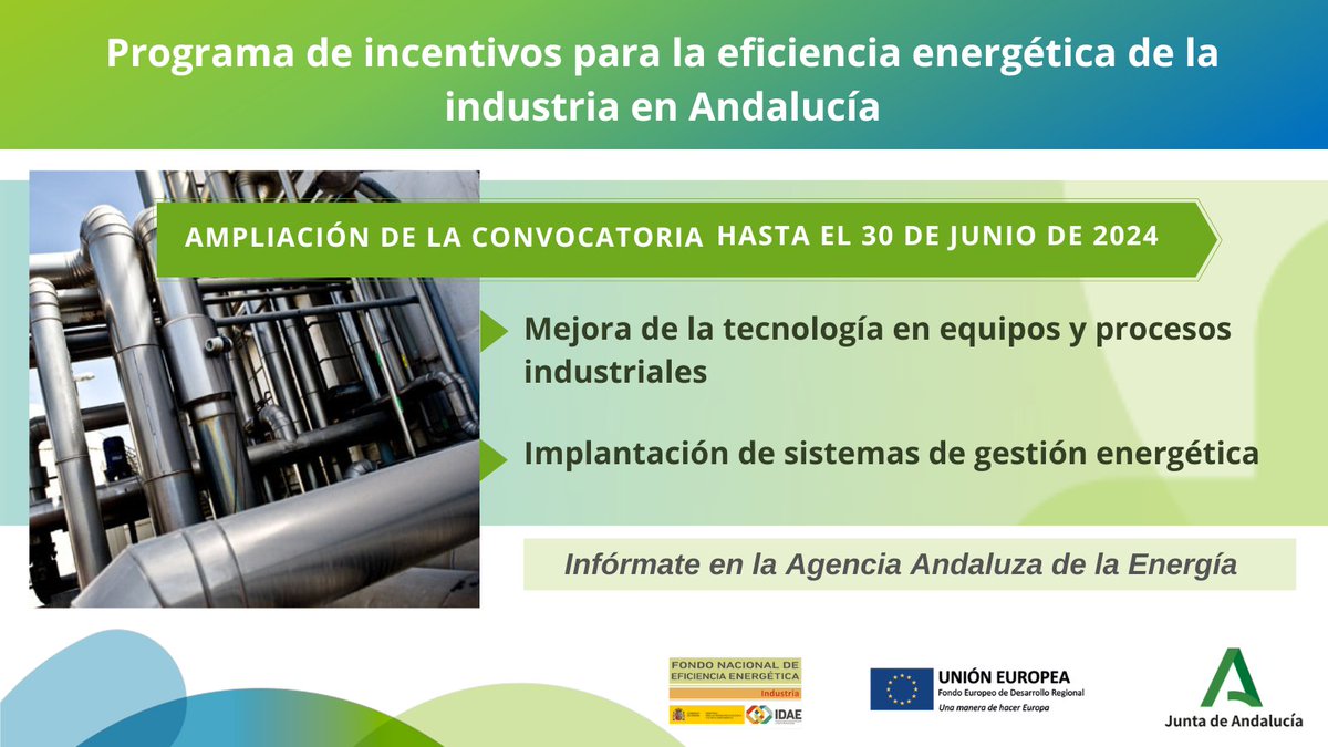 EnergiaAnd's tweet photo. ‼️ Hasta el 30/6/2024 puedes solicitar las ayudas para la #eficienciaenergética de la #industria en #Andalucía. 
Se incentivan 2 medidas:
1⃣Mejora de la tecnología en equipos y procesos industriales.
2⃣ Implantación de sistemas de gestión energética. ➕ℹ️ https://t.co/iLTHhtJSTZ https://t.co/2lGwJXMI1v
