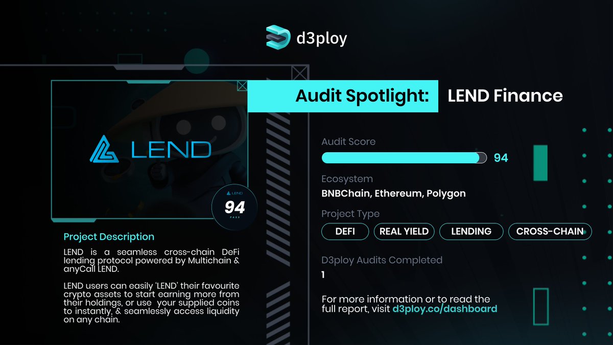 d3ploy_'s tweet image. 🎉Exciting News!
We're shining the audit spotlight on @LEND_finance as they announce their integration with @LayerZero_Labs!

🔎Audit score: 94
Join us in celebrating their success and commitment to #BlockchainSecurity.

Dive into the audit:
👉bit.ly/3MDhQY8

#DeFi #LEND
