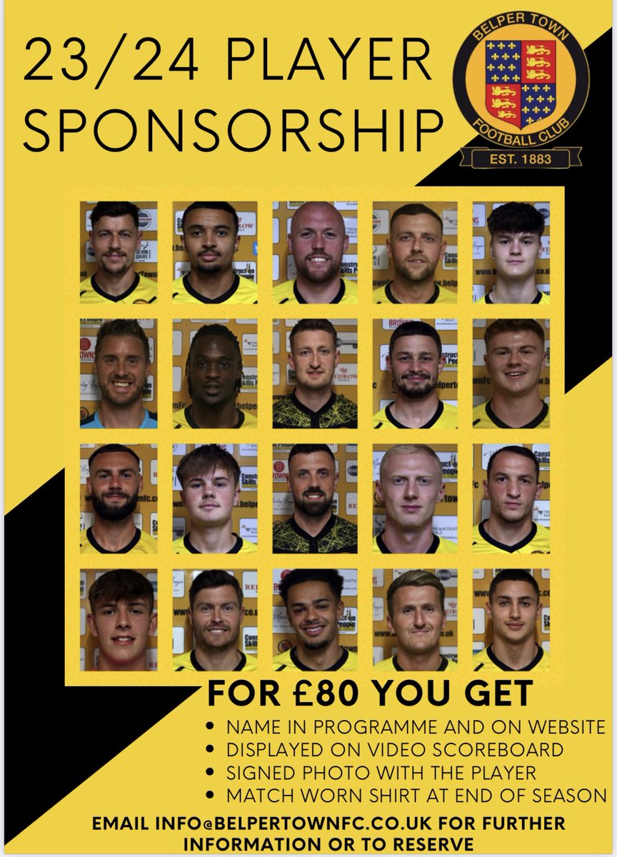 💛🖤 𝗣𝗟𝗔𝗬𝗘𝗥 𝗦𝗣𝗢𝗡𝗦𝗢𝗥𝗦𝗛𝗜𝗣 🤝🤝

We’re pleased to announce details of Player Sponsorship for the new season!

All available (bar three, see follow-up tweet) on a first come, first served basis!

Email info@belpertownfc.co.uk to secure your player or for more info!