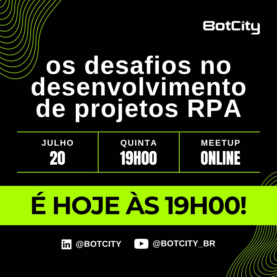BotcityDev's tweet photo. É HOJE! Nosso meetup online e gratuito para toda a comunidade começa às 19h00 de hoje para falarmos sobre os desafios no desenvolvimento de projetos RPA.

Você poderá acompanhar ao vivo em:
- LinkedIn: https://t.co/xl4X0mxUyI
- YouTube: https://t.co/uerSOPxjqF

@morgannadev @bug_elseif @4llves