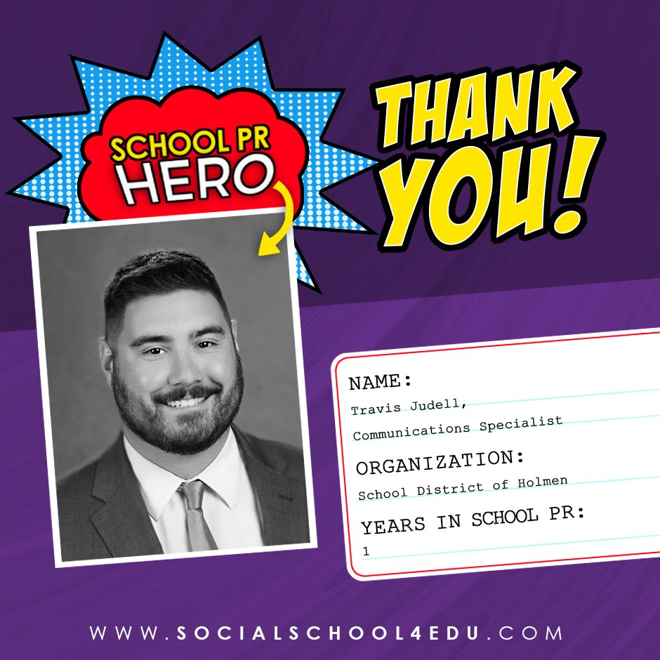 andreagribble's tweet photo. Congratulations to this week's #SchoolPR Hero Spotlight: Travis Judell, Communications Specialist for the School District of Holmen in Wisconsin.
Travis, YOU ROCK! 🦸♂️
#SchoolPRHero #education #VNation #BelongServeSucceed https://t.co/b7keLTeCrR