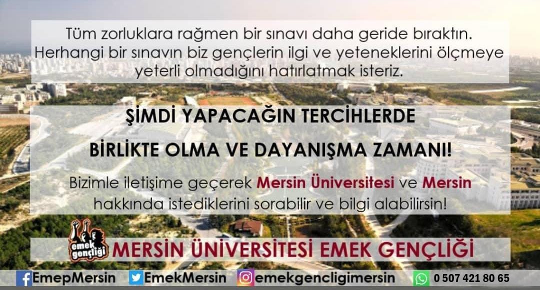 EmekMersin's tweet photo. Tüm zorluklara rağmen bir sınavı daha geride bıraktın. Herhangi bir sınavın biz gençlerin ilgi ve yeteneklerini ölçmede yeterli olmadığını hatırlatmak isteriz. Bizimle iletişime geçerek Mersin Üniversitesi ve Mersin hakkında istediklerini sorabilir ve bilgi alabilirsin!
#yks2023 https://t.co/mjvOF8FPMP