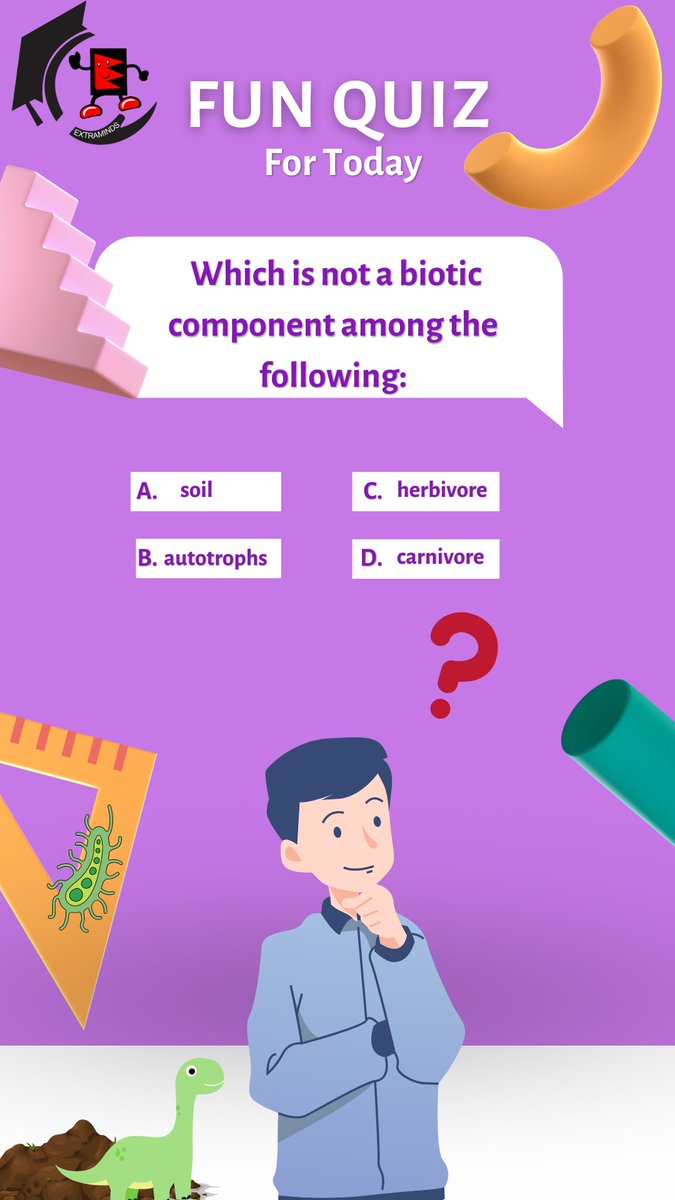 Which is not biotic component among the following ?
Give answer in comment box
#Facebook #Free #extraminds #FreeEducationForAll #Biotic #class10th #quiz #quizforkids