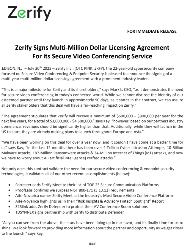 ZerifyOfficial's tweet image. Latest News: Zerify signs multi-million dollar licensing agreement for its secure video conferencing service: bit.ly/3DmSGYs

#videoconference #cybersecurity #hacking #ZRFY $ZRFY #endpoint #endpointsecurity #infosec #dataprotection #itsec